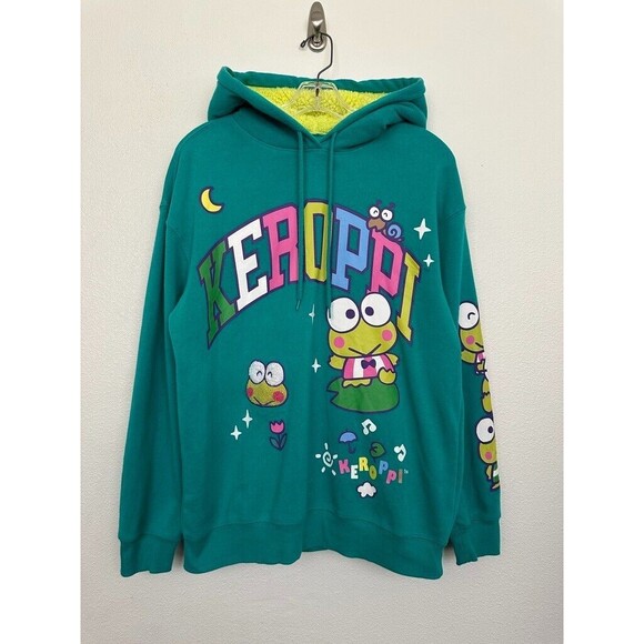 Keroppi Sanrio Pullover Hoodie Sweatshirt Fleece Turquoise Green Women's Medium - Picture 2 of 8